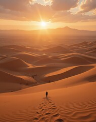 A vast desert landscape bathed in the warm, golden light of sunrise.