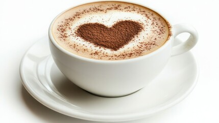 A heartwarming cup of cappuccino, featuring a cocoa heart design on its frothy surface. Perfect for a cozy morning or a romantic treat!