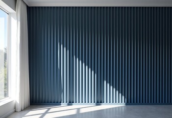 Obraz premium Minimalist Dark Blue Living Room Decor: Luxury Interior with Concave Rounded Vertical Line Wall Cladding, Elegant Lighting, and Contemporary Furnishings