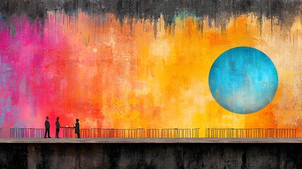 Colorful Abstract Mural with Silhouettes and Teal Circle