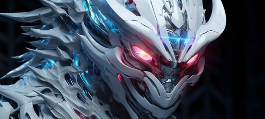 Science white dragon humanoid cyborg in futuristic neon, ai generative