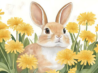 rabbit surrounded by vibrant yellow dandelions, showcasing serene and delicate scene