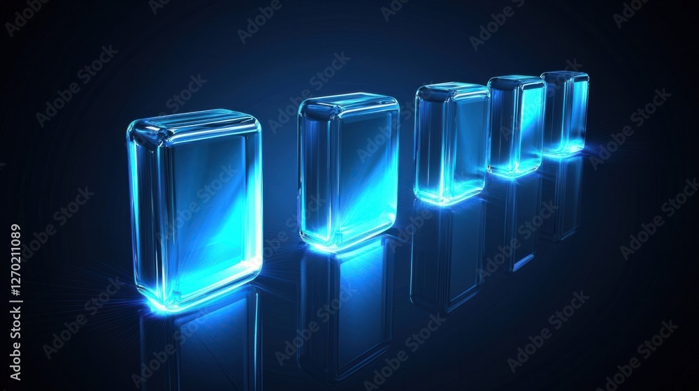 Poster glowing transparent blocks in a row reflecting light in dark space