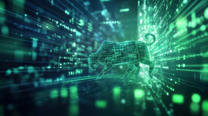 A Majestic Bull Standing Proudly Amidst Vibrant Green Lights in a Bustling Urban Environment Symbolizing the Harmony of Nature and City Life Together