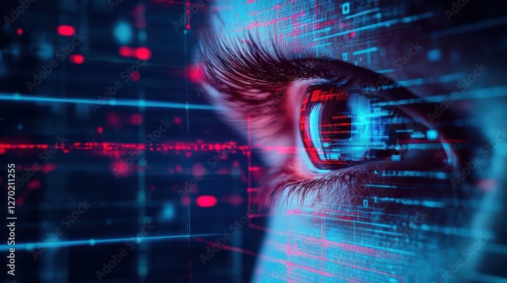Poster close up of an intriguing human eye surrounded by a futuristic digital background enhancing the dept