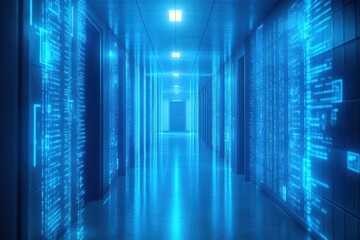 Futuristic server room hallway with digital data projections