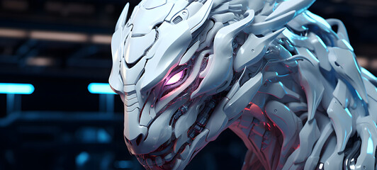 Science white dragon humanoid cyborg in futuristic neon, ai generative