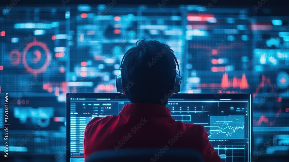 Poster focused individual in bright red shirt engaged in work at computer creating a productive and energet