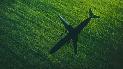 Airplane silhouette over vibrant green field