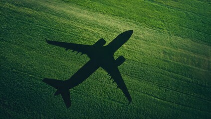 Airplane silhouette over green field. Aerial view