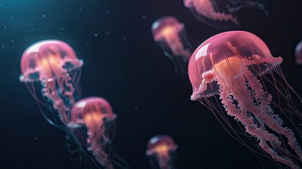 Obraz premium Colorful jellyfish drift gracefully in the dark ocean their translucent bodies glowing and illuminating the surrounding water with enchanting hues