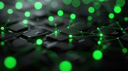 Abstract digital network with glowing green nodes on keyboard