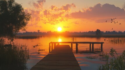 sunset over a pier on a lake  - ai