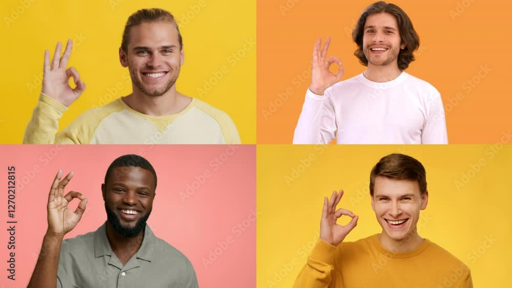 Fototapete four men from diverse backgrounds enthusiastically show the okay hand sign against vibrant color bac