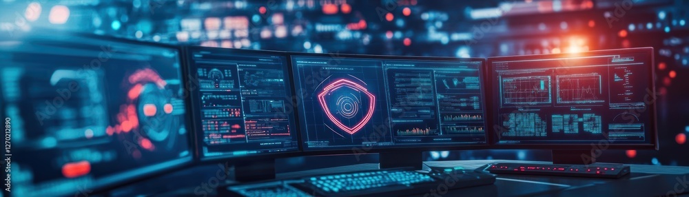 Poster futuristic computer interface displaying innovative technology with dynamic graphics and user-friend