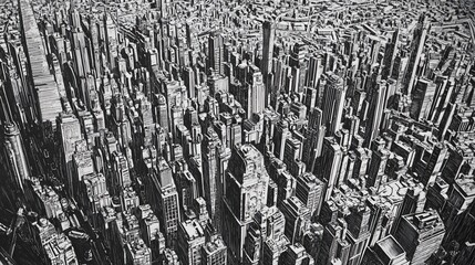 Monochromatic aerial view of dense urban cityscape with towering skyscrapers in black and white