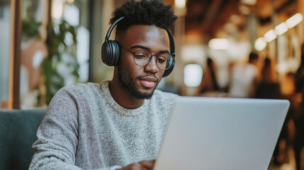Obraz premium In a bright, lively cafe, a young man in a cozy sweater works intently on his laptop, headphones on, absorbing the vibrant atmosphere around him while enjoying his project