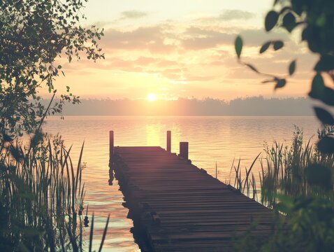 Fototapeta sunset over a pier on a lake  - ai
