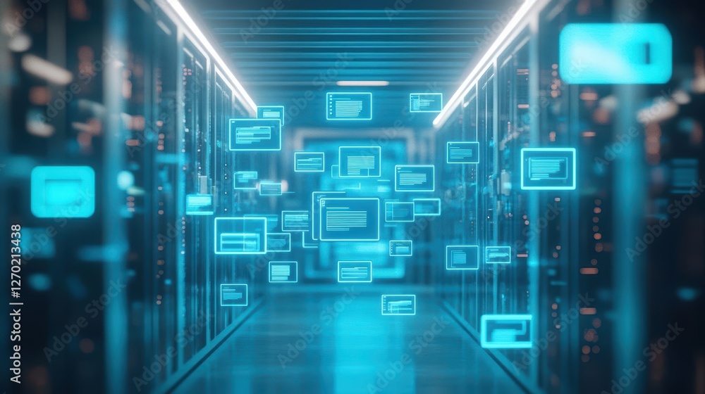 Poster high-tech server room filled with racks of servers and networking equipment in a modern data center 