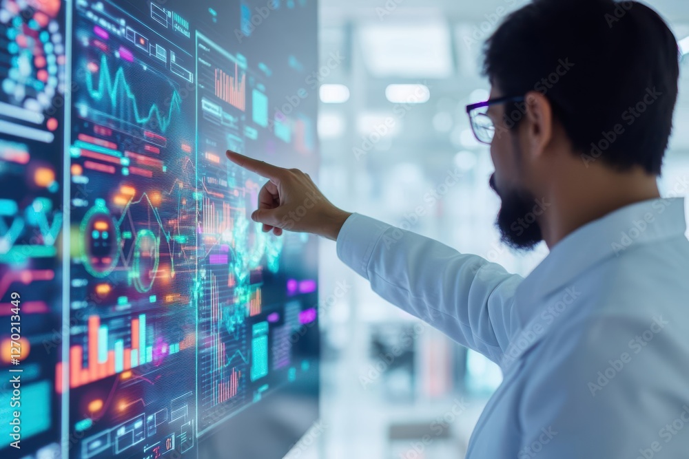 Poster focused man gesturing towards large display screen filled with colorful graphs and data visualizatio