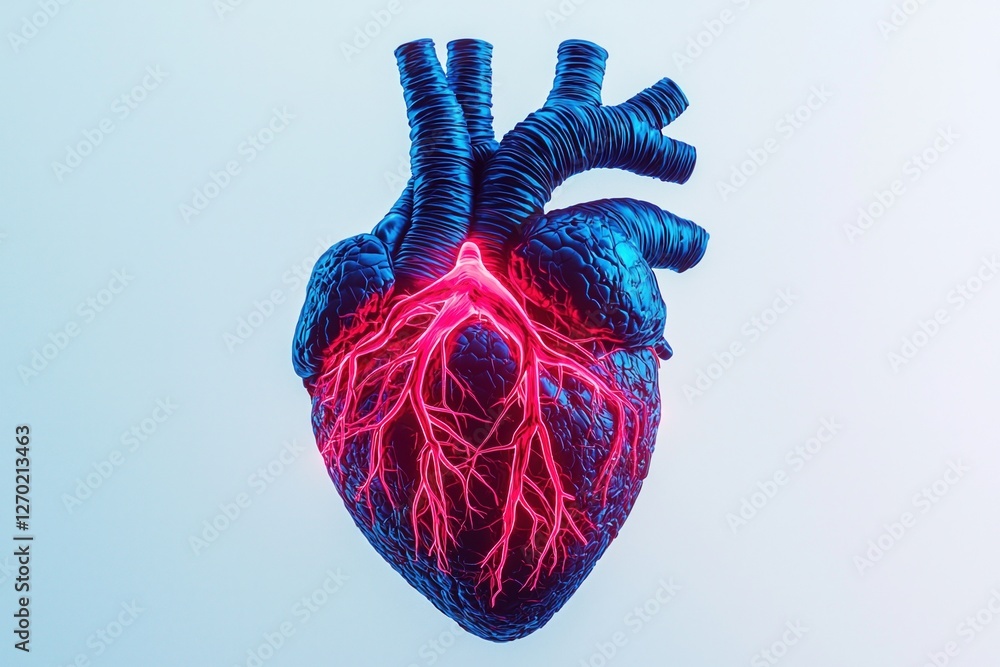 Poster digital art concepts. realistic 3d rendering of a human heart with glowing veins.