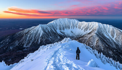 Majestic winter sunrise over snow-capped mountains, lone hiker on peak. Breathtaking panoramic view.