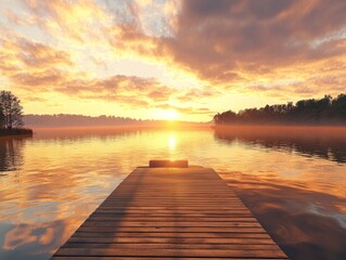 Obraz premium sunset over a pier on a lake - ai