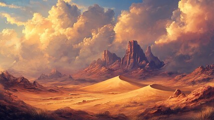 Naklejka premium Golden Desert Landscape Under Dramatic Sky: A Breathtaking Digital Painting