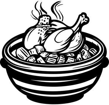 roasted chicken in bowl, black and white clip art preview