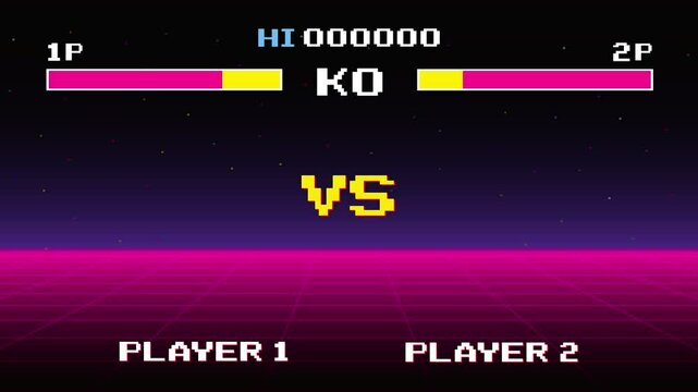 Versus Screen retro game on glitch background of analog tv.