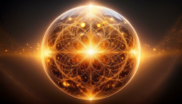 オレンジ、ゴールド、ホワイトの光の球が交差する幻想的なテクスチャ、スピリチュアルな神秘を感じる
