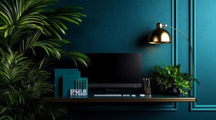 Elegant Workspace With Dark Blue Wall And Golden Accents With Green Plants