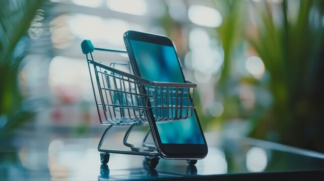 Futuristic online shopping and digital marketing concept featuring a smartphone screen with a virtual shopping cart and new items, representing e-commerce innovation, mobile retail technology, and sea