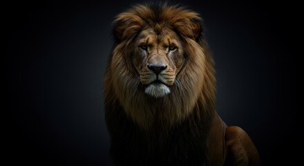 Majestic male lion stares intently at the viewer in darkness