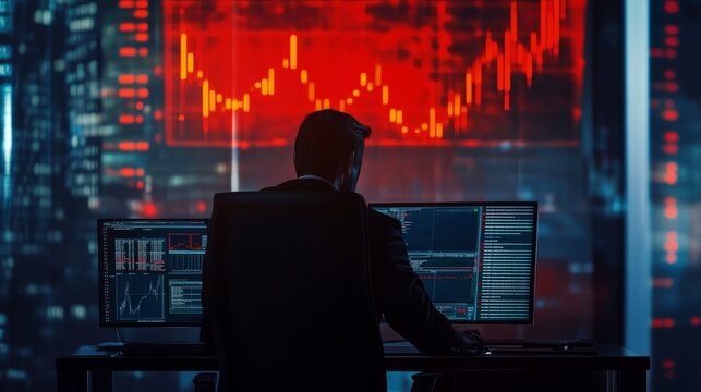 Online stock market trading concept with businessman analyzing financial data on digital screen, featuring real-time graphs, investment charts, and market trends for modern financial technology and ec