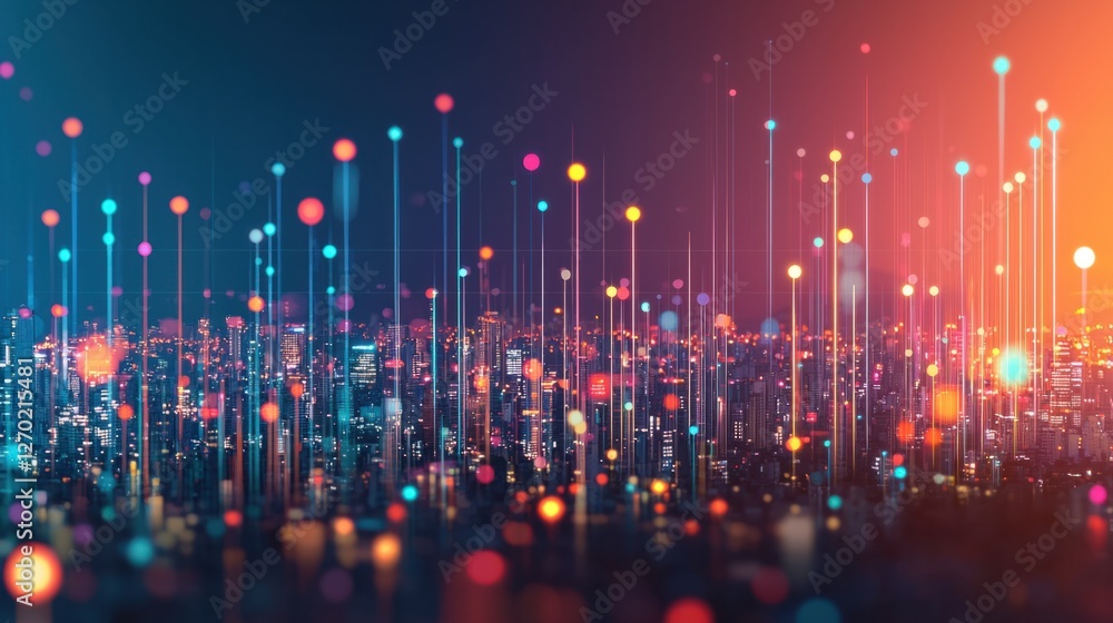 Poster abstract digital cityscape with colorful data points and lights