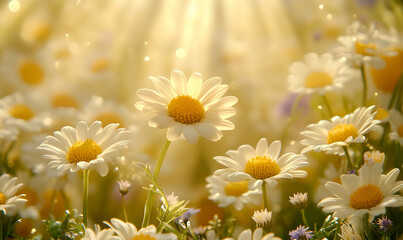 Sunlit daisies in a field, bathed in golden light, creating a serene and peaceful atmosphere.  Perfect for springtime themes.