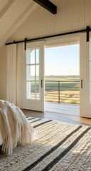 Rustic bedroom with panoramic farm view