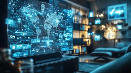 Obraz premium Global Network Visualization on a Smart TV in a Modern Living Room