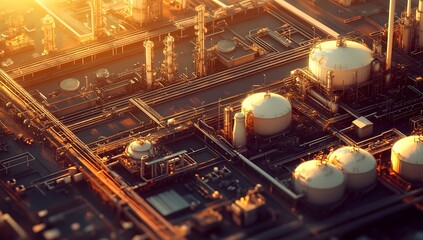 Aerial view of a modern refinery complex at sunrise