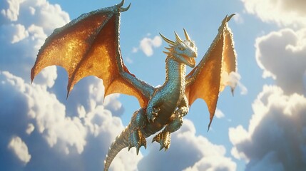 Majestic Golden Dragon Soaring Through Clouds
