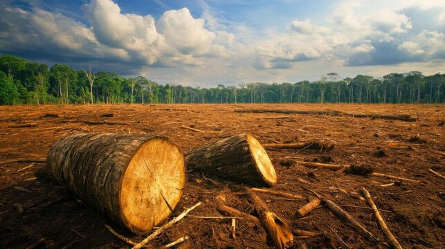 Devastating Deforestation: Clear-cutting of trees in a dense forest