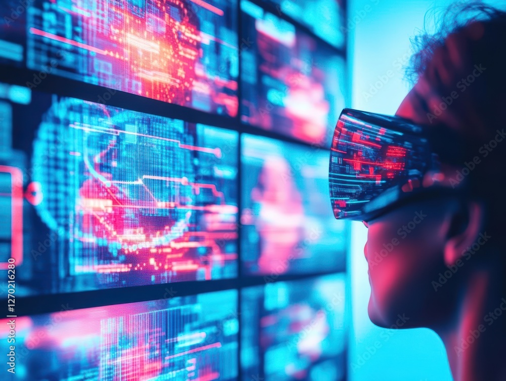 Poster woman engaged with virtual reality glasses immersed in a dynamic digital environment surrounded by s