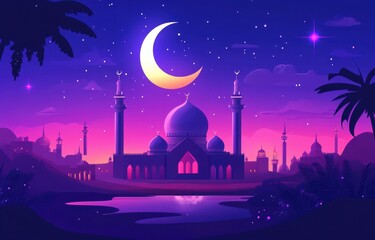 Nighttime mosque scene in desert oasis, crescent moon