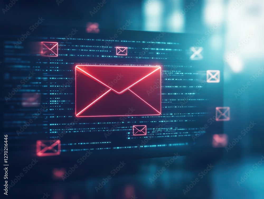 Poster a bright red email envelope displayed on a modern computer screen with an emphasis on digital commun