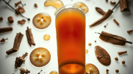 Close-up of a glass of herbal drink surrounded by spices and dried ingredients