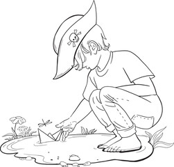A boy in a pirate hat launches a paper boat.contour drawing of a boy in a pirate hat playing by a puddle, floating a paper boat. The boy with the boat — coloring book.