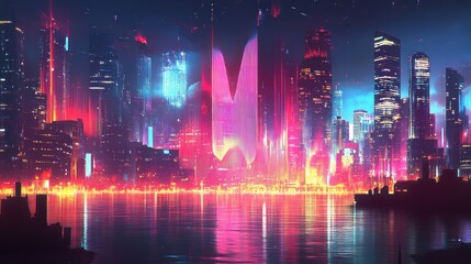 Fototapeta premium Neon Cityscape Night Reflection