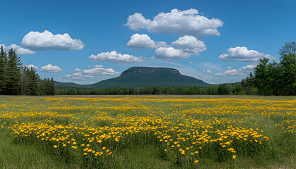 Serene landscape featuring a vibrant yellow flower field stretching towards a majestic mountain under a bright blue sky dotted with fluffy white clouds.