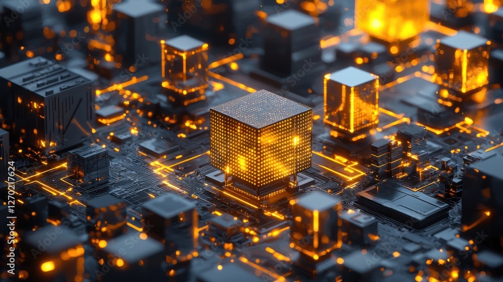 Poster futuristic computer circuit board with glowing yellow components